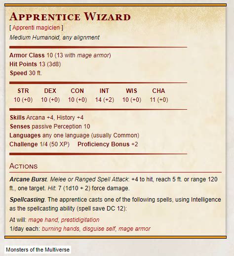 mage stat block 5e|apprentice wizard 5e stat block.
